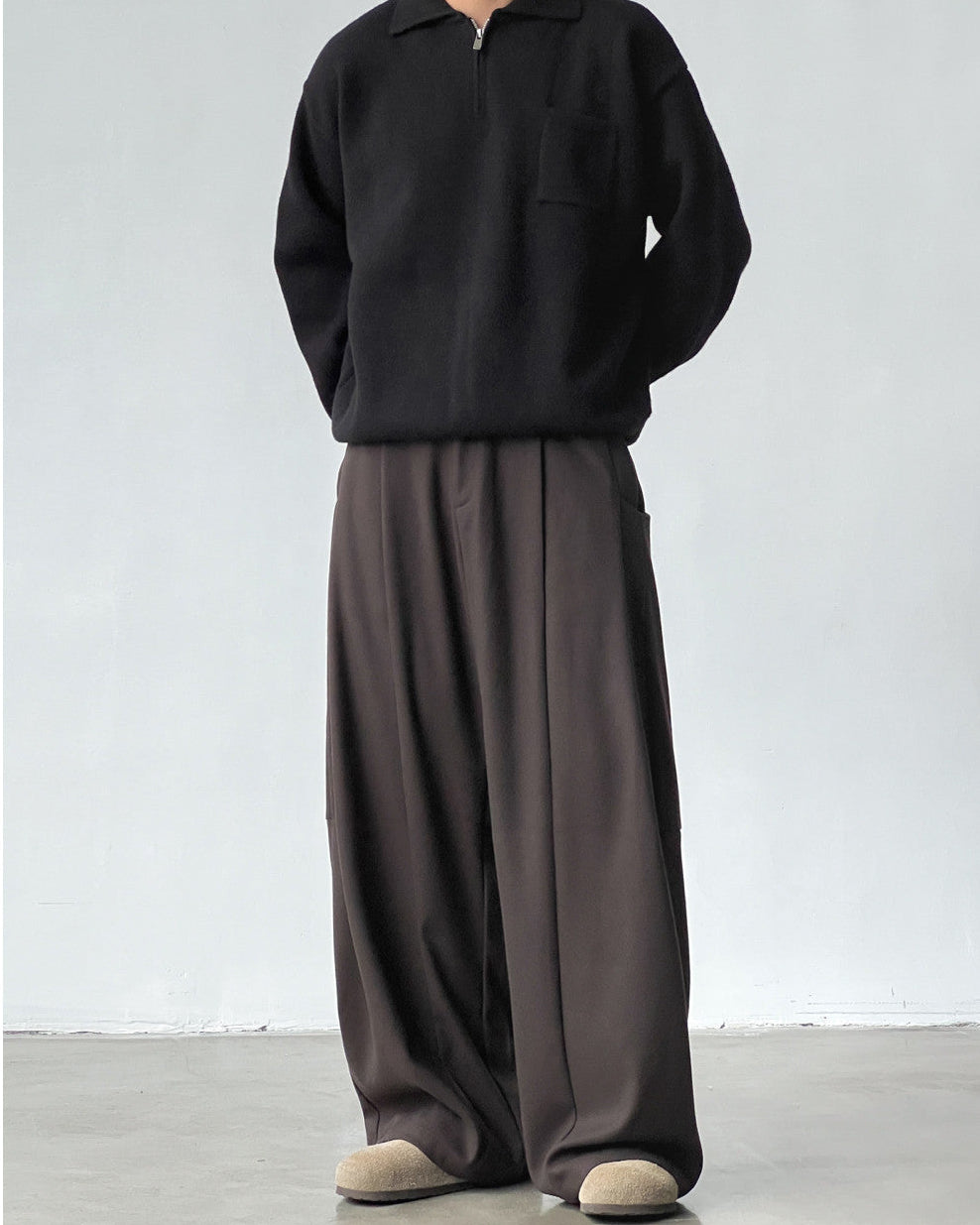 Wide Pleat Wool Blend Trousers