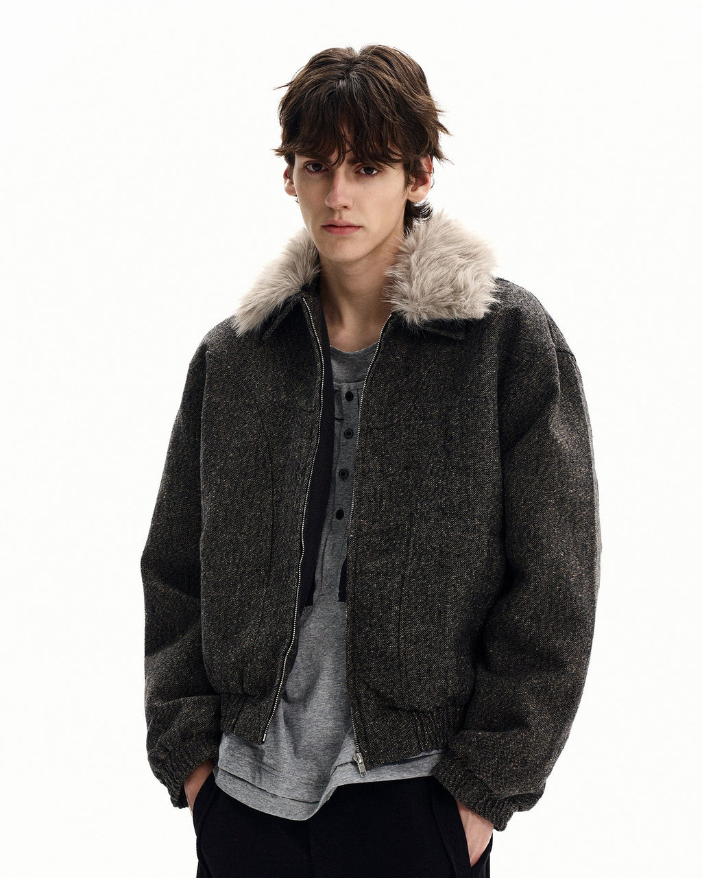 Wool-Blend Jacket with Faux Fur Collar