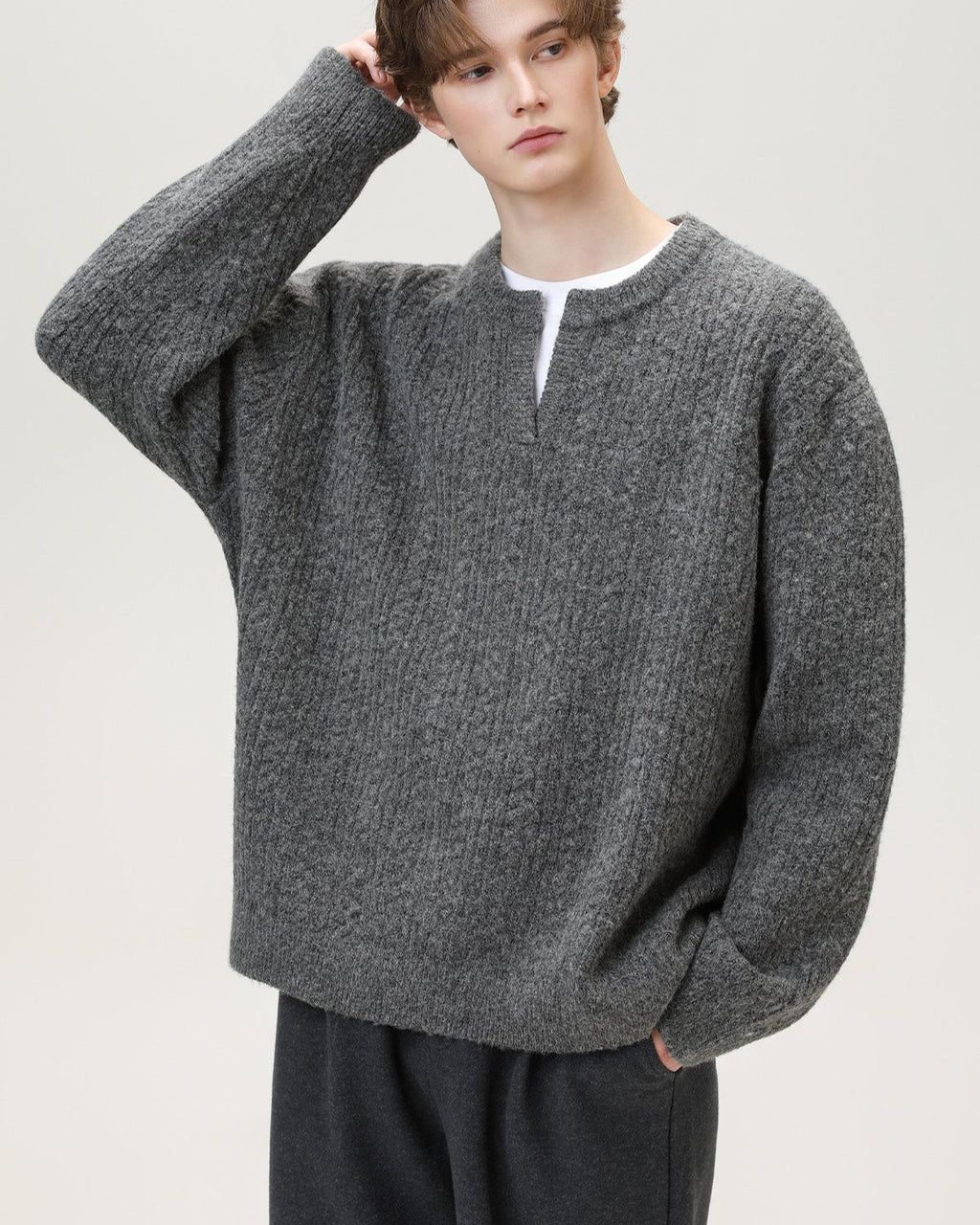 Split-Neck Knit Sweater