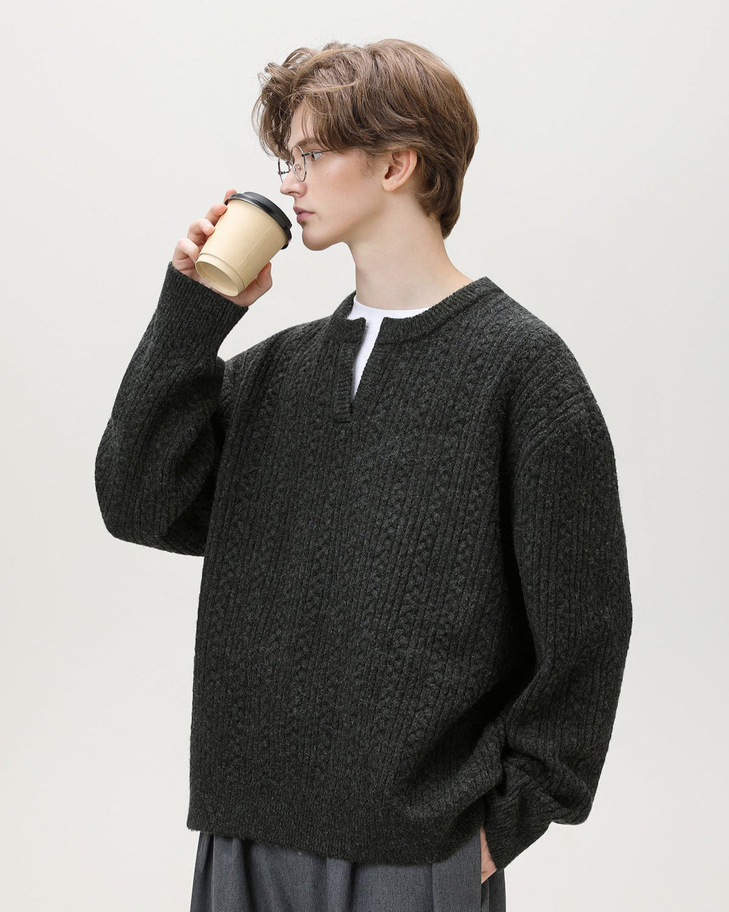 Split-Neck Knit Sweater