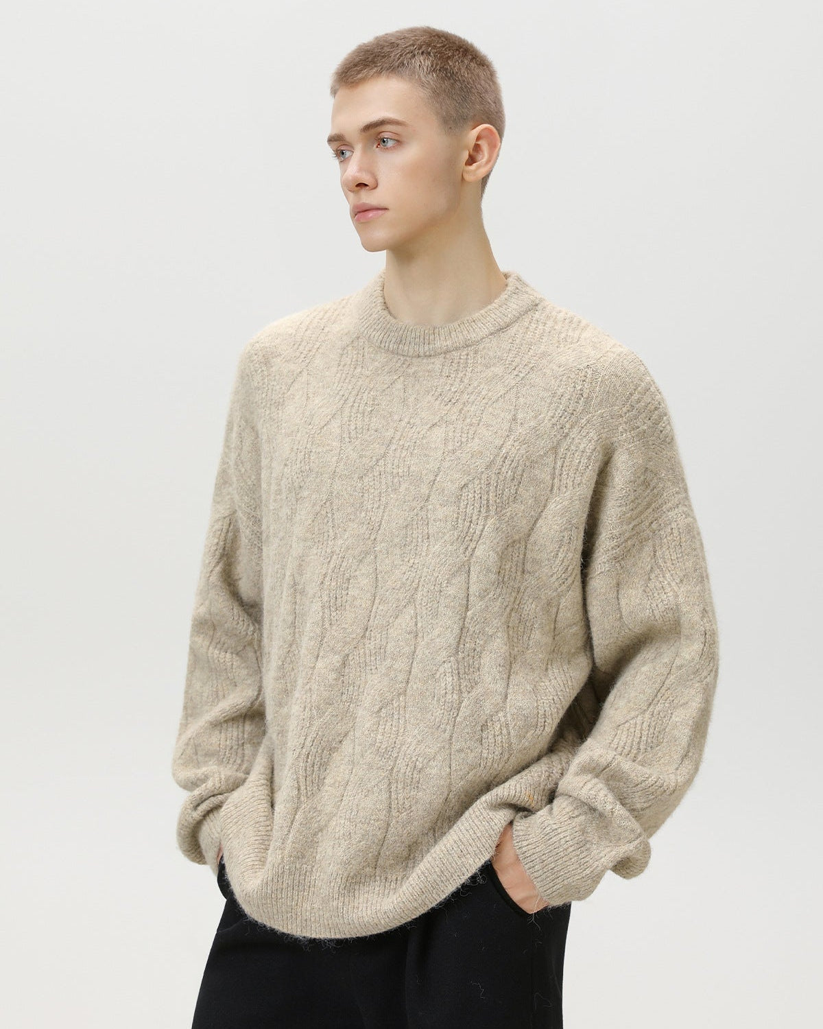 Oversized Cable-Knit Wool Blend Crewneck Sweater