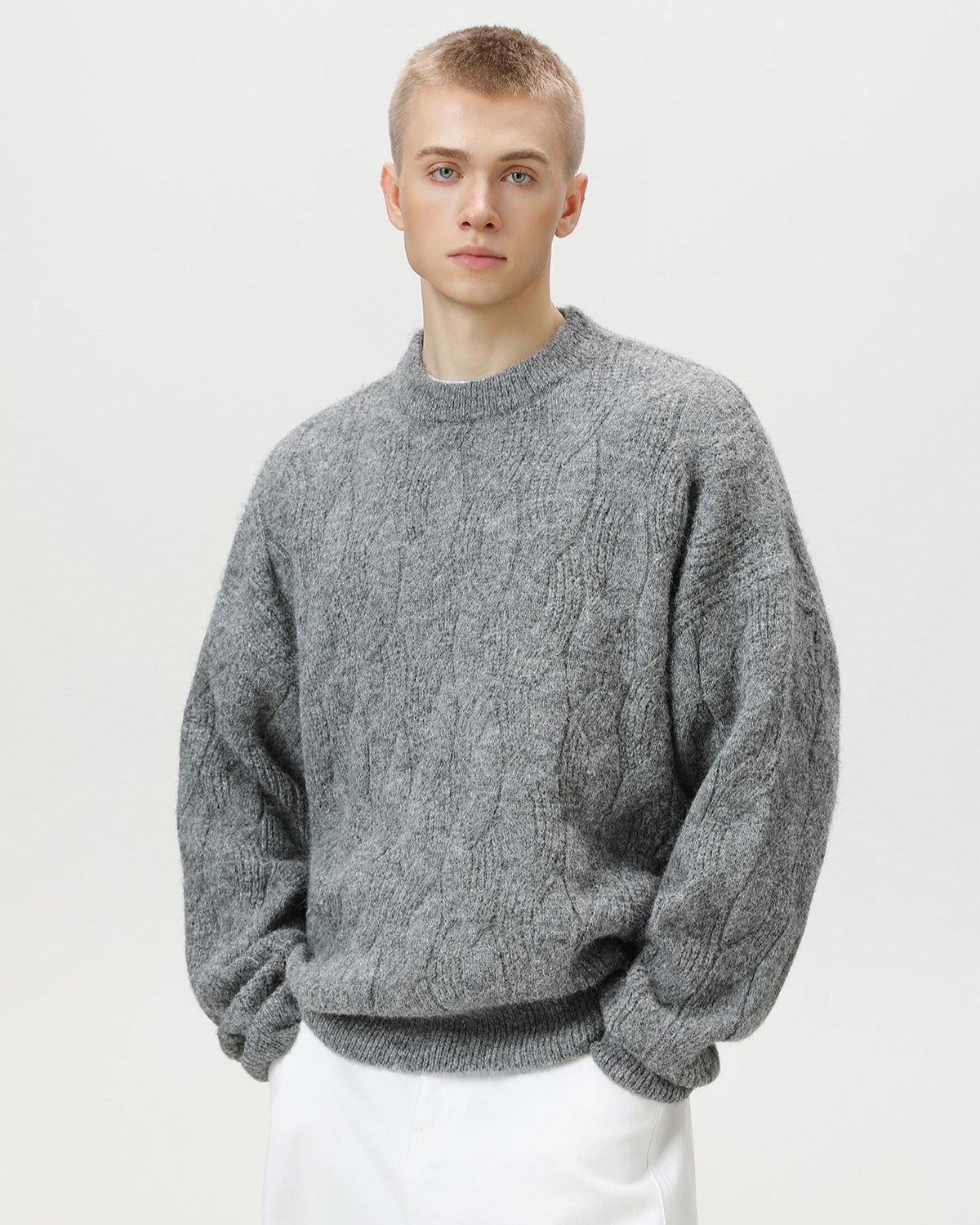 Oversized Cable-Knit Wool Blend Crewneck Sweater