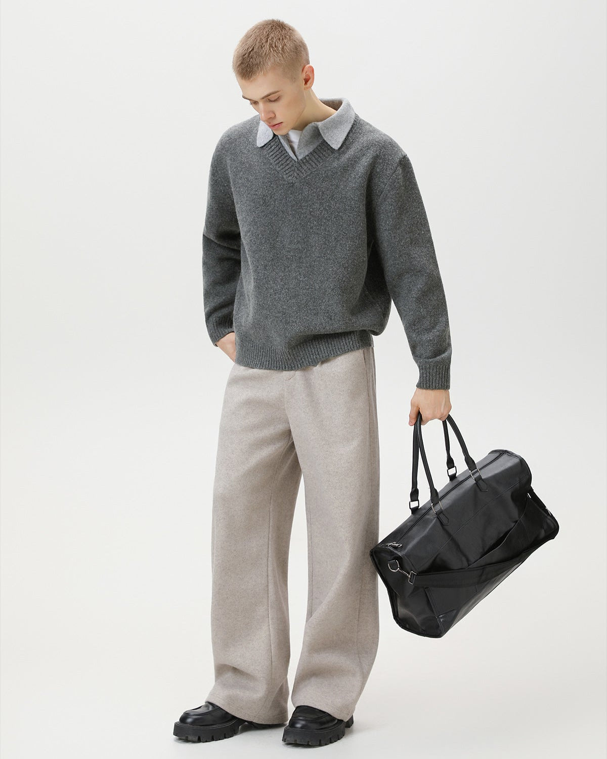 Wool Blend Collar V-Neck Knit Sweater