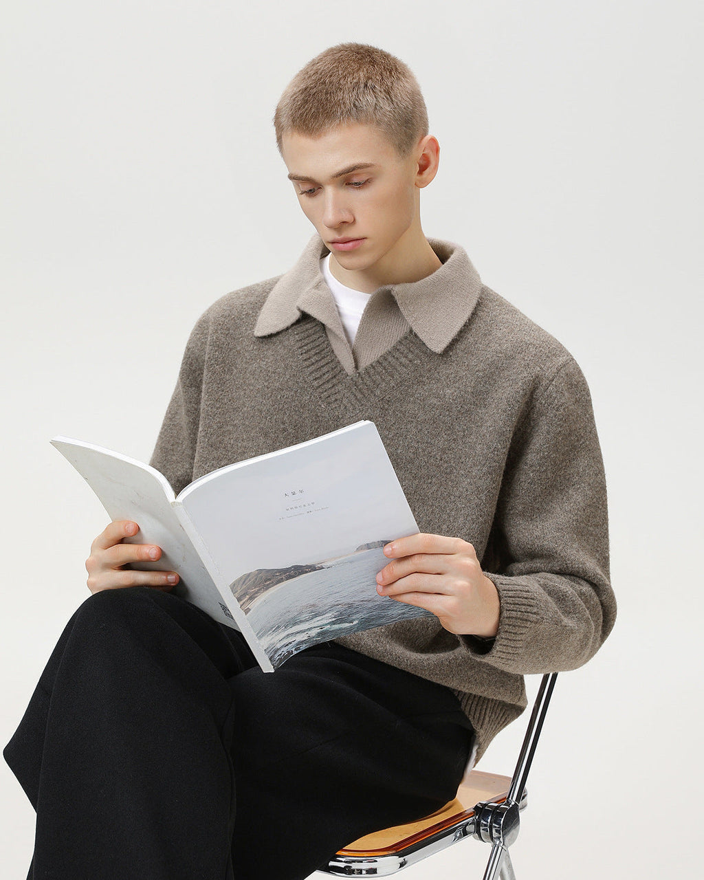 Wool Blend Collar V-Neck Knit Sweater